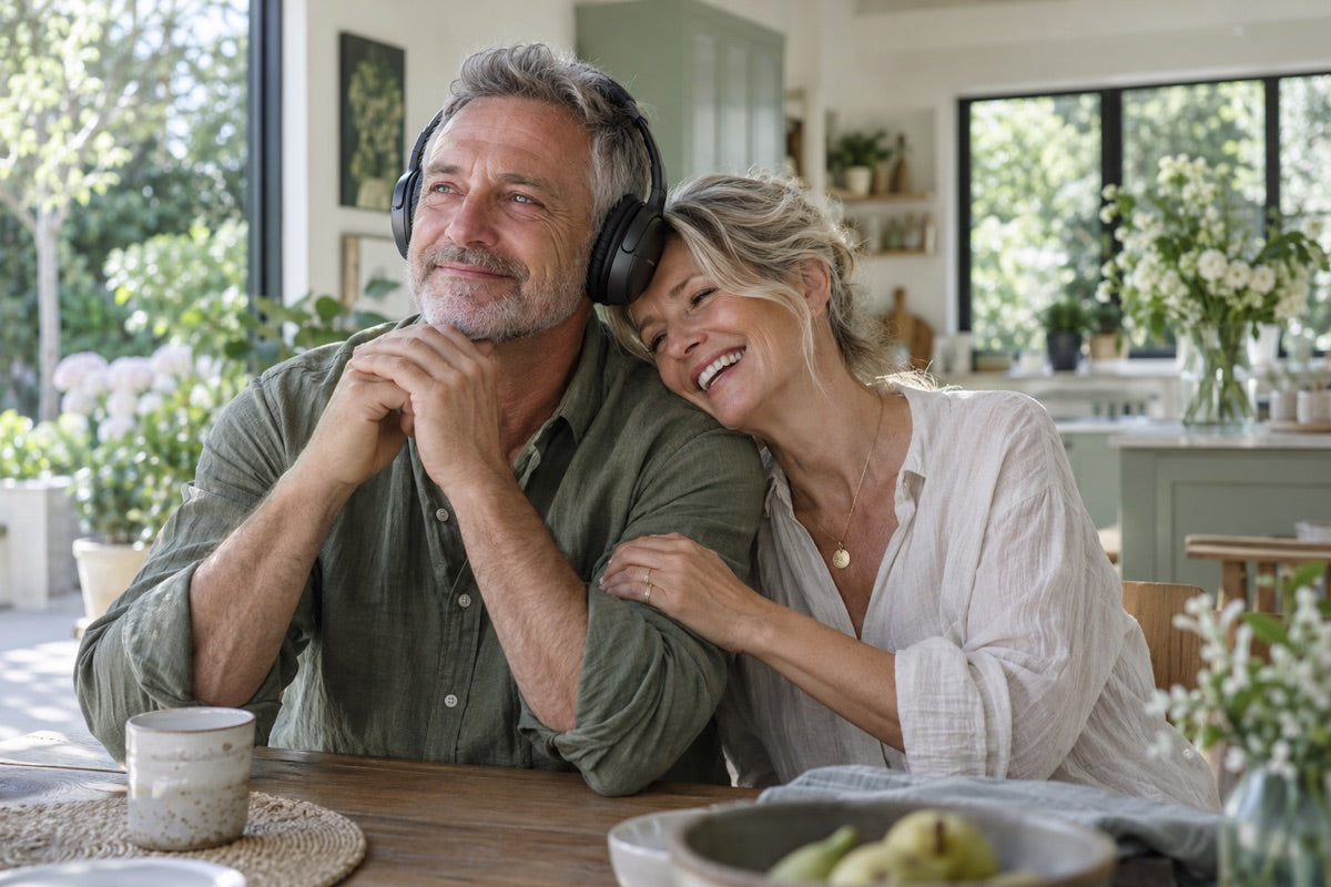 A couple listening to music together at home